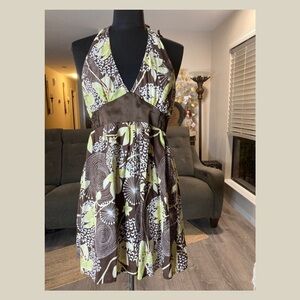Wet Seal Floral Halter Sundress Brown Green Smocked Back Size Large